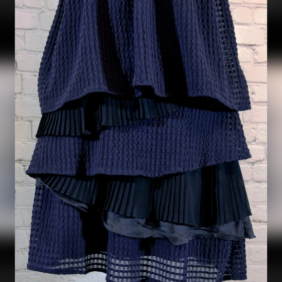 Ric Rac By Anthropologie Textured Ruffle Tiered Navy Midi Dress Sz Small - Picture 2 of 6
